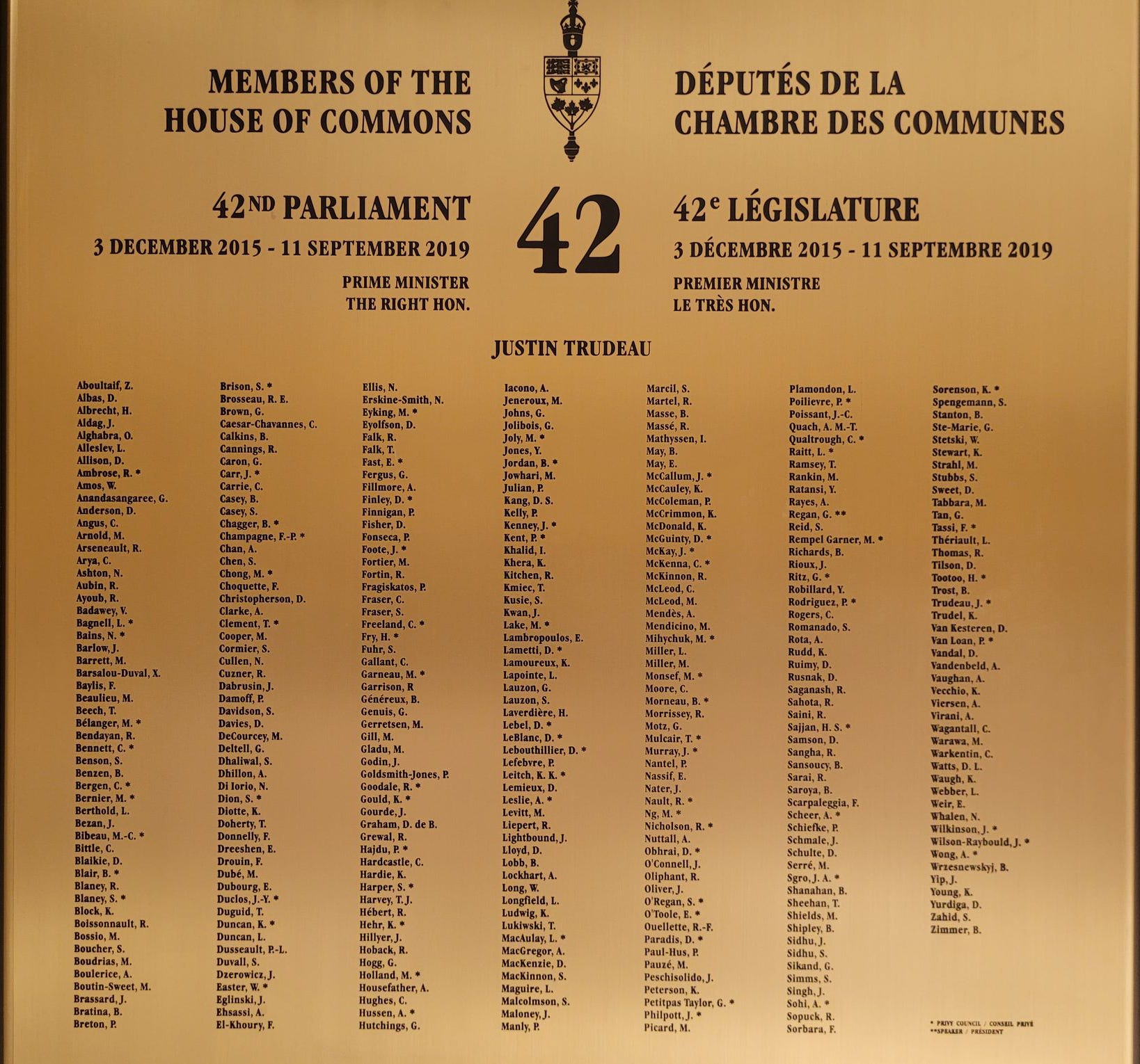 42nd Parliament plaque